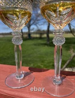 2 Vintage Yellow Bohemian Czech Cut To Clear Crystal Hock Wine Glass Goblet Stem