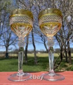 2 Vintage Yellow Bohemian Czech Cut To Clear Crystal Hock Wine Glass Goblet Stem