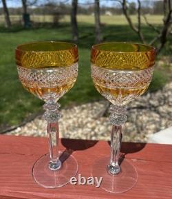2 Vintage Yellow Bohemian Czech Cut To Clear Crystal Hock Wine Glass Goblet Stem