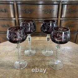 2 Vtg Ajka Amethyst Hock Wine Glasses 7.75 Cut To Clear Bohemian Czech Glass