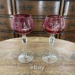 2 Vtg Ajka Ruby Gold Hock Wine Glasses 7.75 Cut To Clear Bohemian Glass Pink
