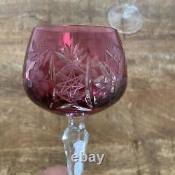 2 Vtg Ajka Ruby Gold Hock Wine Glasses 7.75 Cut To Clear Bohemian Glass Pink