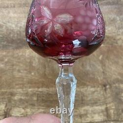 2 Vtg Ajka Ruby Gold Hock Wine Glasses 7.75 Cut To Clear Bohemian Glass Pink