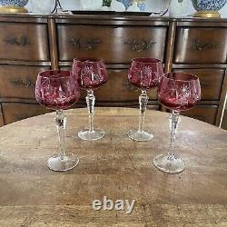 2 Vtg Ajka Ruby Gold Hock Wine Glasses 7.75 Cut To Clear Bohemian Glass Pink