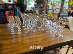 32p Vintage Tiffin Minton Mix CLear STemware Glassware Wine Cups Gold Trim set