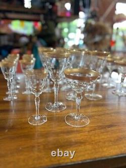 32p Vintage Tiffin Minton Mix CLear STemware Glassware Wine Cups Gold Trim set