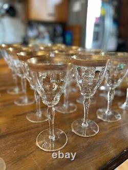 32p Vintage Tiffin Minton Mix CLear STemware Glassware Wine Cups Gold Trim set