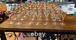 32p Vintage Tiffin Minton Mix CLear STemware Glassware Wine Cups Gold Trim set