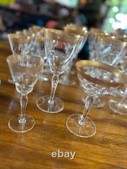 32p Vintage Tiffin Minton Mix CLear STemware Glassware Wine Cups Gold Trim set