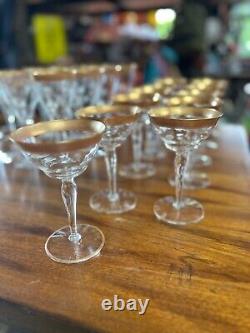 32p Vintage Tiffin Minton Mix CLear STemware Glassware Wine Cups Gold Trim set