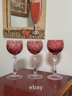 3 Elegant Beautiful cut to clear cranberry wine glasses. Possibly Bohemian MINT