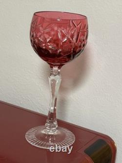 3 Elegant Beautiful cut to clear cranberry wine glasses. Possibly Bohemian MINT