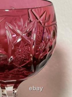 3 Elegant Beautiful cut to clear cranberry wine glasses. Possibly Bohemian MINT