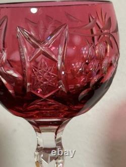 3 Elegant Beautiful cut to clear cranberry wine glasses. Possibly Bohemian MINT