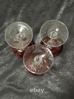 3 Elegant Beautiful cut to clear cranberry wine glasses. Possibly Bohemian MINT