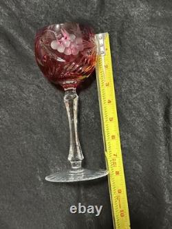 3 Elegant Beautiful cut to clear cranberry wine glasses. Possibly Bohemian MINT