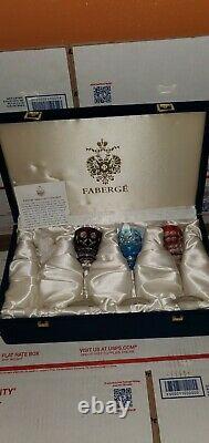 3 FABERGE Colorful CRYSTAL Cordial wine GLASSES Art Glass with Original Box