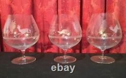 3 Large Vintage Antique Estate Cut Or Etched Glass Deer & Turkey Snifter Glasses