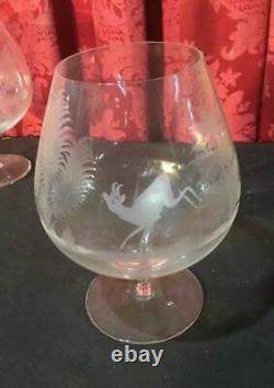 3 Large Vintage Antique Estate Cut Or Etched Glass Deer & Turkey Snifter Glasses