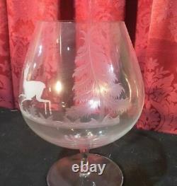 3 Large Vintage Antique Estate Cut Or Etched Glass Deer & Turkey Snifter Glasses