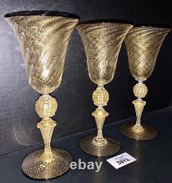 3 Murano Wine Glasses Venetian Italy Gold Fleck Optic Swirl Black Rim Vtg