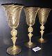 3 Murano Wine Glasses Venetian Italy Gold Fleck Optic Swirl Black Rim Vtg