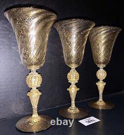 3 Murano Wine Glasses Venetian Italy Gold Fleck Optic Swirl Black Rim Vtg