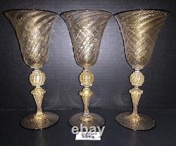 3 Murano Wine Glasses Venetian Italy Gold Fleck Optic Swirl Black Rim Vtg