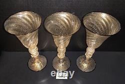 3 Murano Wine Glasses Venetian Italy Gold Fleck Optic Swirl Black Rim Vtg