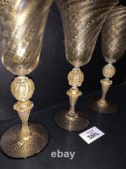 3 Murano Wine Glasses Venetian Italy Gold Fleck Optic Swirl Black Rim Vtg