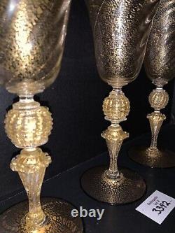 3 Murano Wine Glasses Venetian Italy Gold Fleck Optic Swirl Black Rim Vtg