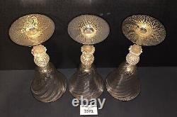 3 Murano Wine Glasses Venetian Italy Gold Fleck Optic Swirl Black Rim Vtg