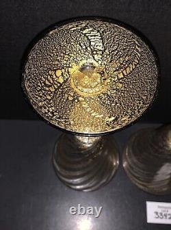 3 Murano Wine Glasses Venetian Italy Gold Fleck Optic Swirl Black Rim Vtg