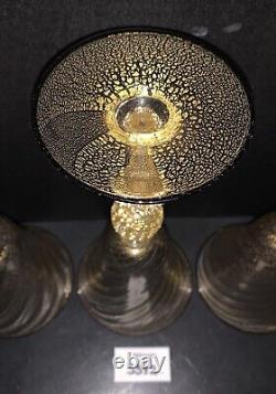3 Murano Wine Glasses Venetian Italy Gold Fleck Optic Swirl Black Rim Vtg