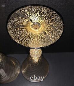 3 Murano Wine Glasses Venetian Italy Gold Fleck Optic Swirl Black Rim Vtg