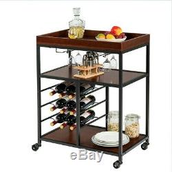 3 Tier Rolling Wood Metal Bar Serving Cart with Wine Rack and Glass Holder US