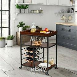 3 Tier Rolling Wood Metal Bar Serving Cart with Wine Rack and Glass Holder US