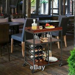 3 Tier Rolling Wood Metal Bar Serving Cart with Wine Rack and Glass Holder US