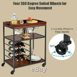 3 Tier Rolling Wood Metal Bar Serving Cart with Wine Rack and Glass Holder US