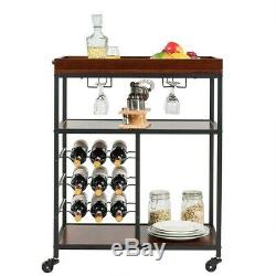 3 Tier Rolling Wood Metal Bar Serving Cart with Wine Rack and Glass Holder US