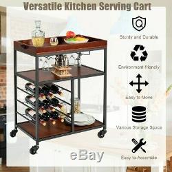 3 Tier Rolling Wood Metal Bar Serving Cart with Wine Rack and Glass Holder US