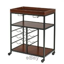 3 Tier Rolling Wood Metal Bar Serving Cart with Wine Rack and Glass Holder US