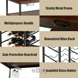 3 Tier Rolling Wood Metal Bar Serving Cart with Wine Rack and Glass Holder US