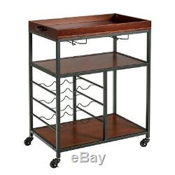 3 Tier Rolling Wood Metal Bar Serving Cart with Wine Rack and Glass Holder US