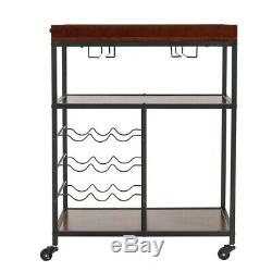 3 Tier Rolling Wood Metal Bar Serving Cart with Wine Rack and Glass Holder US