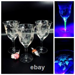 3 Tiffin-Franciscan Etched Optic VINTAGE Pattern Wine Glass Water Goblet Glow(9)