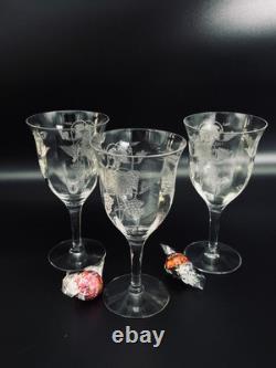 3 Tiffin-Franciscan Etched Optic VINTAGE Pattern Wine Glass Water Goblet Glow(9)