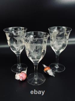 3 Tiffin-Franciscan Etched Optic VINTAGE Pattern Wine Glass Water Goblet Glow(9)