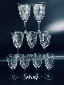 3 Tiffin-Franciscan Etched Optic VINTAGE Pattern Wine Glass Water Goblet Glow(9)