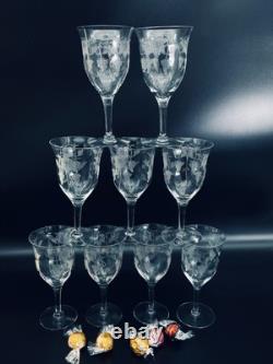 3 Tiffin-Franciscan Etched Optic VINTAGE Pattern Wine Glass Water Goblet Glow(9)